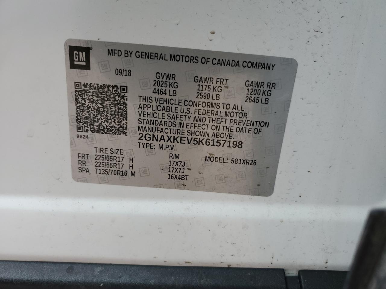 2019 Chevrolet Equinox VIN 2GNAXKEV5K6157198 Copart auction photo, front end / side damage thumbnail 13