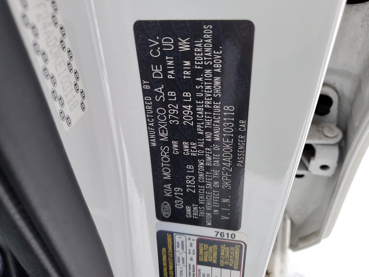 2019 KIA Forte VIN 3KPF24AD0KE103118 Copart auction photo, front end / rear end damage thumbnail 14