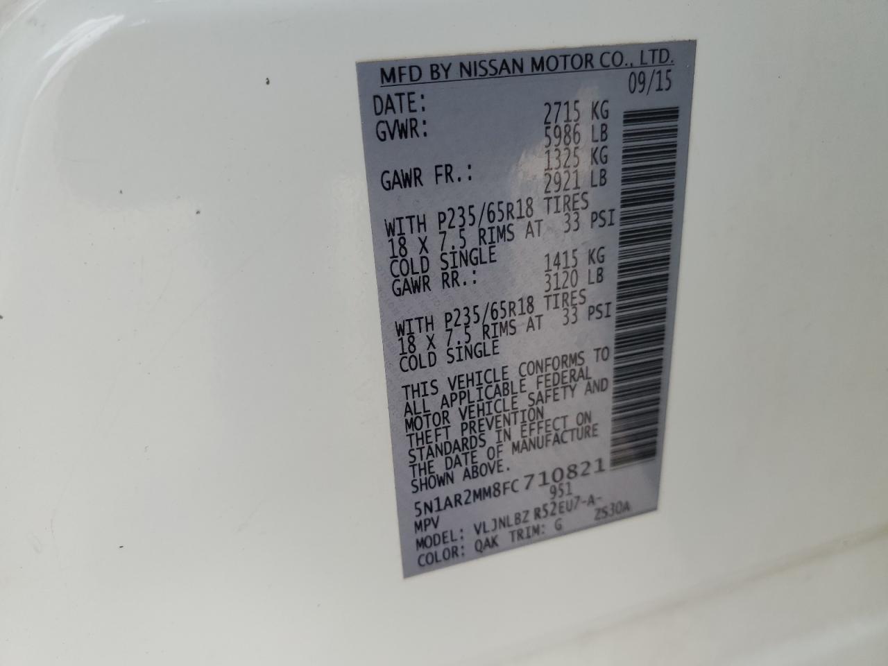 2015 Nissan Pathfinder VIN 5N1AR2MM8FC710821 Copart auction photo, all over damage thumbnail 14