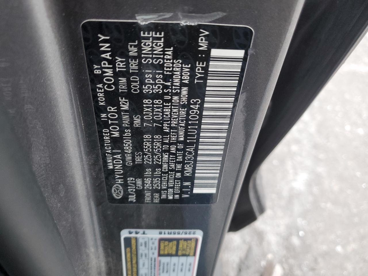 2020 Hyundai Tucson VIN KM8J3CAL1LU110943 Copart auction photo, front end damage thumbnail 14