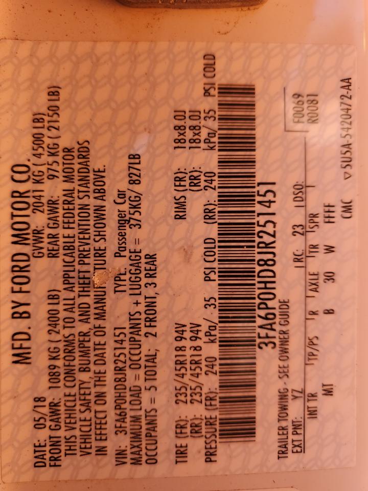2018 Ford Fusion VIN 3FA6P0HD8JR251451 Copart auction photo, normal wear damage thumbnail 12