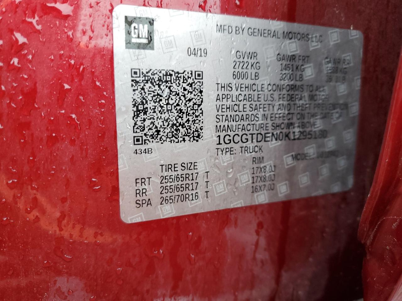 2019 Chevrolet Colorado VIN 1GCGTDEN0K1295180 Copart auction photo, rear end / front end damage thumbnail 12