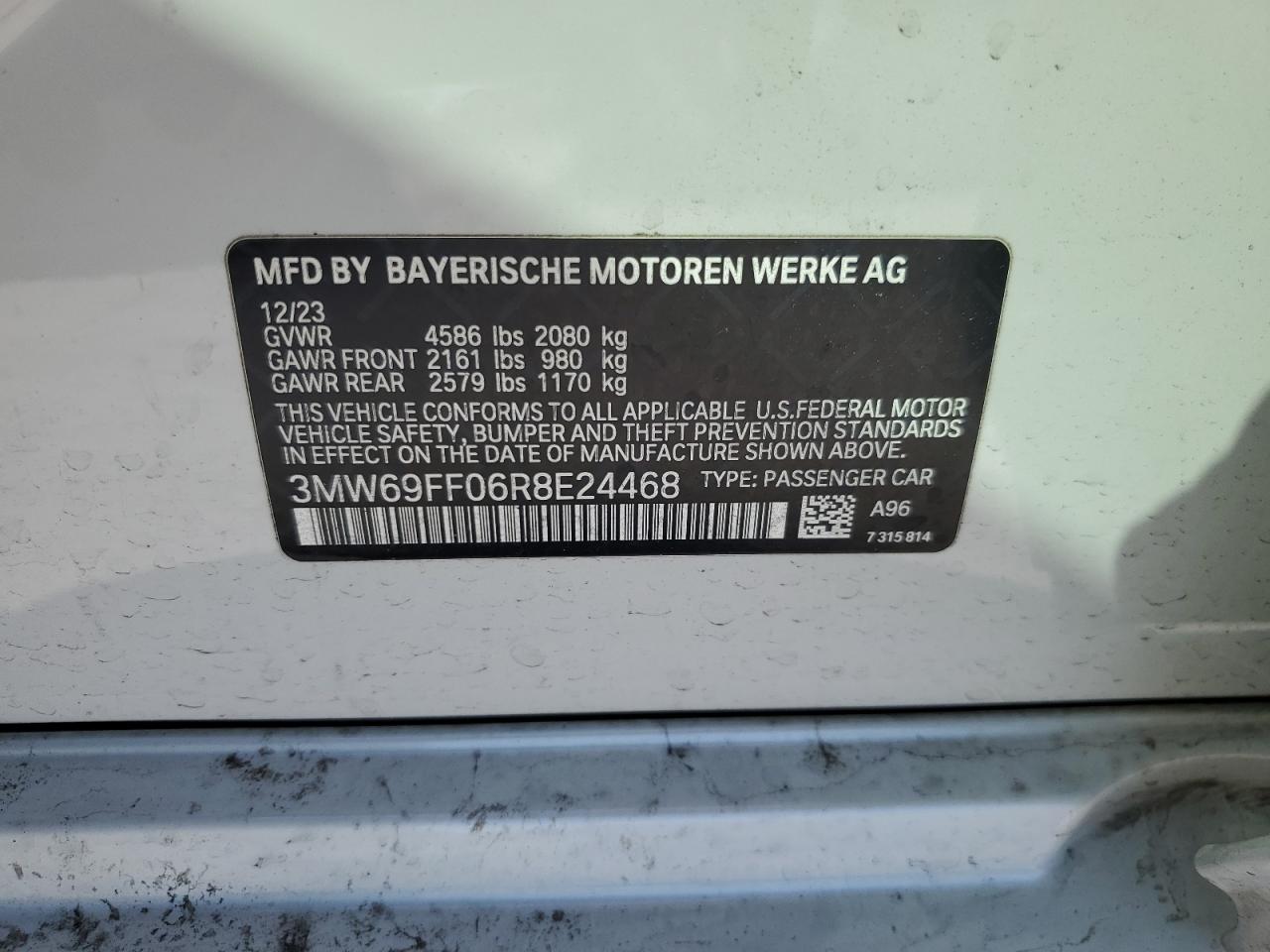 2024 BMW 3er VIN 3MW69FF06R8E24468 Copart auction photo, rear end damage thumbnail 12