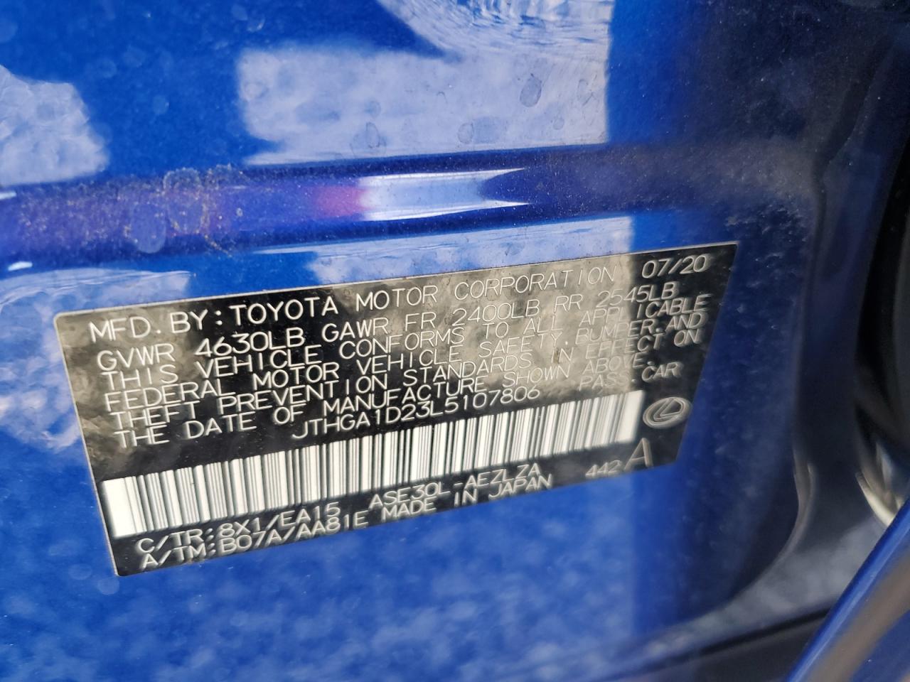 2020 Lexus IS VIN JTHGA1D23L5107806 Copart auction photo, vandalism damage thumbnail 12