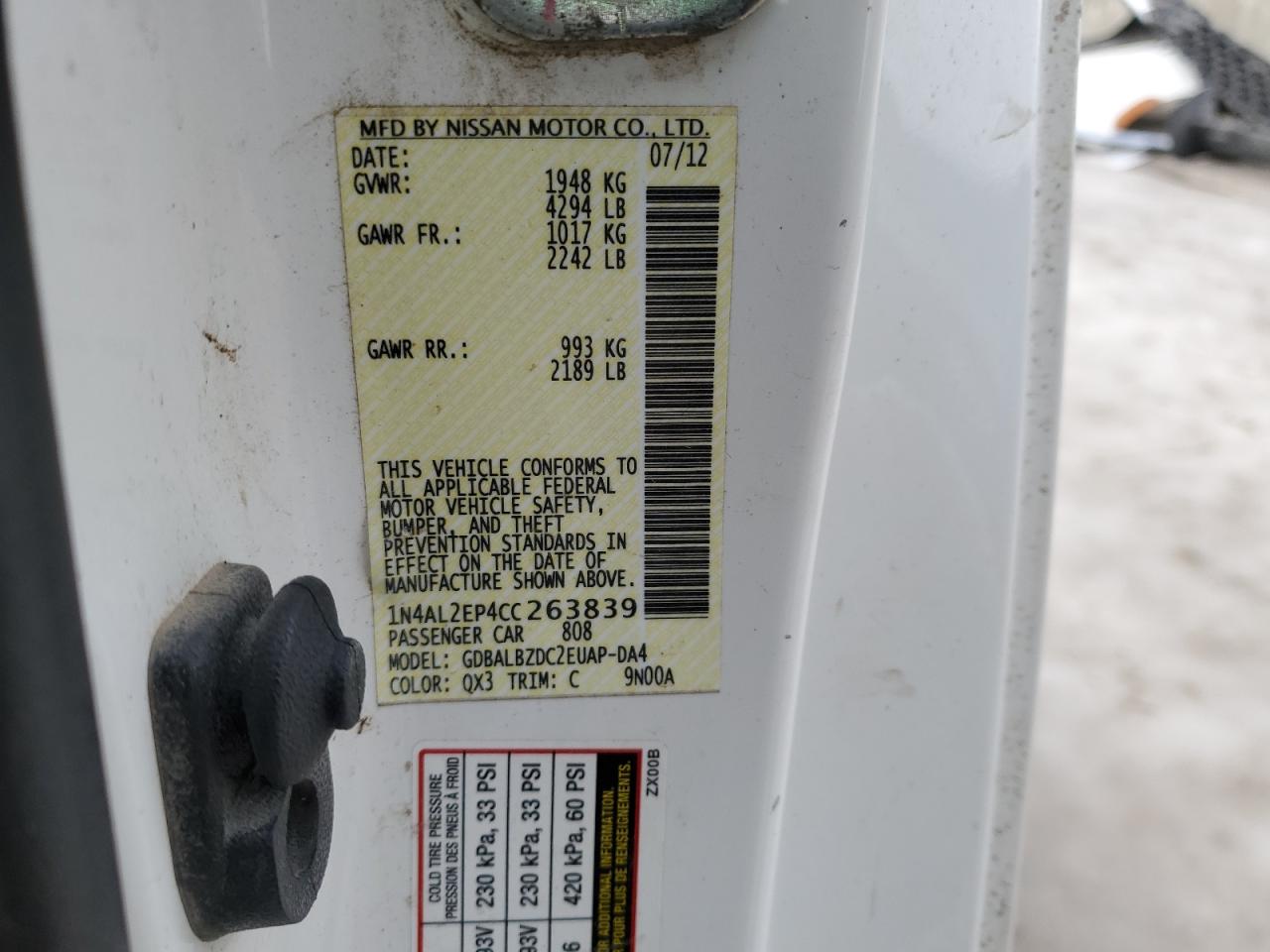 2012 Nissan Altima VIN 1N4AL2EP4CC263839 Copart auction photo, front end / rear end damage thumbnail 12