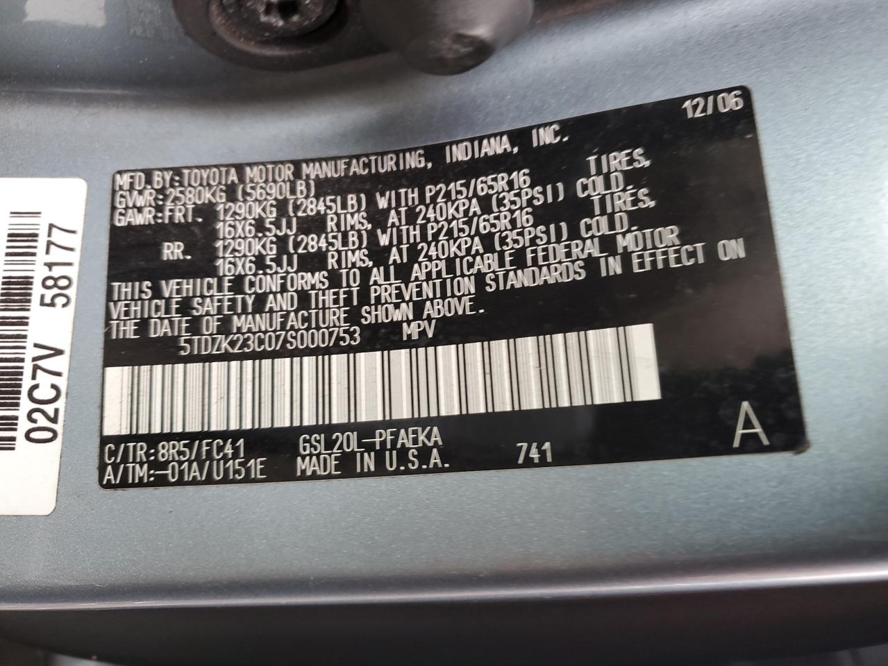 2007 Toyota Sienna VIN 5TDZK23C07S000753 Copart auction photo, front end damage thumbnail 16