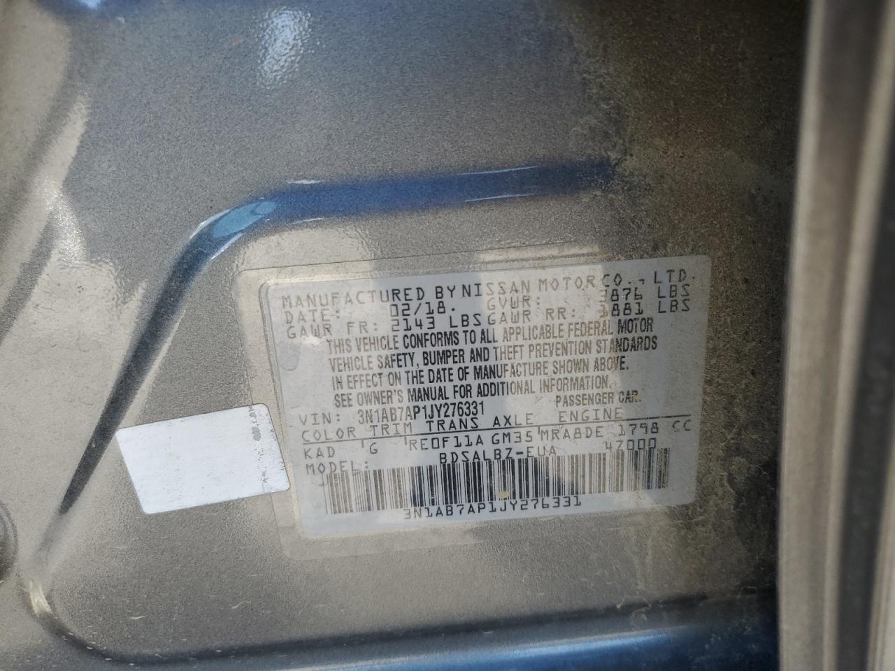 2018 Nissan Sentra VIN 3N1AB7AP1JY276331 Copart auction photo, front end / rear end damage thumbnail 13