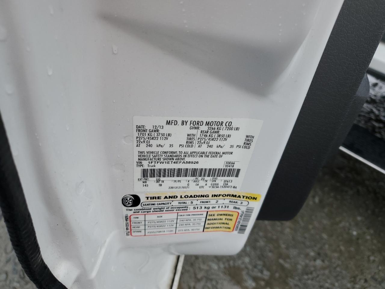 2014 Ford F-150 VIN 1FTFW1ET4EFA58926 Copart auction photo, all over damage thumbnail 12