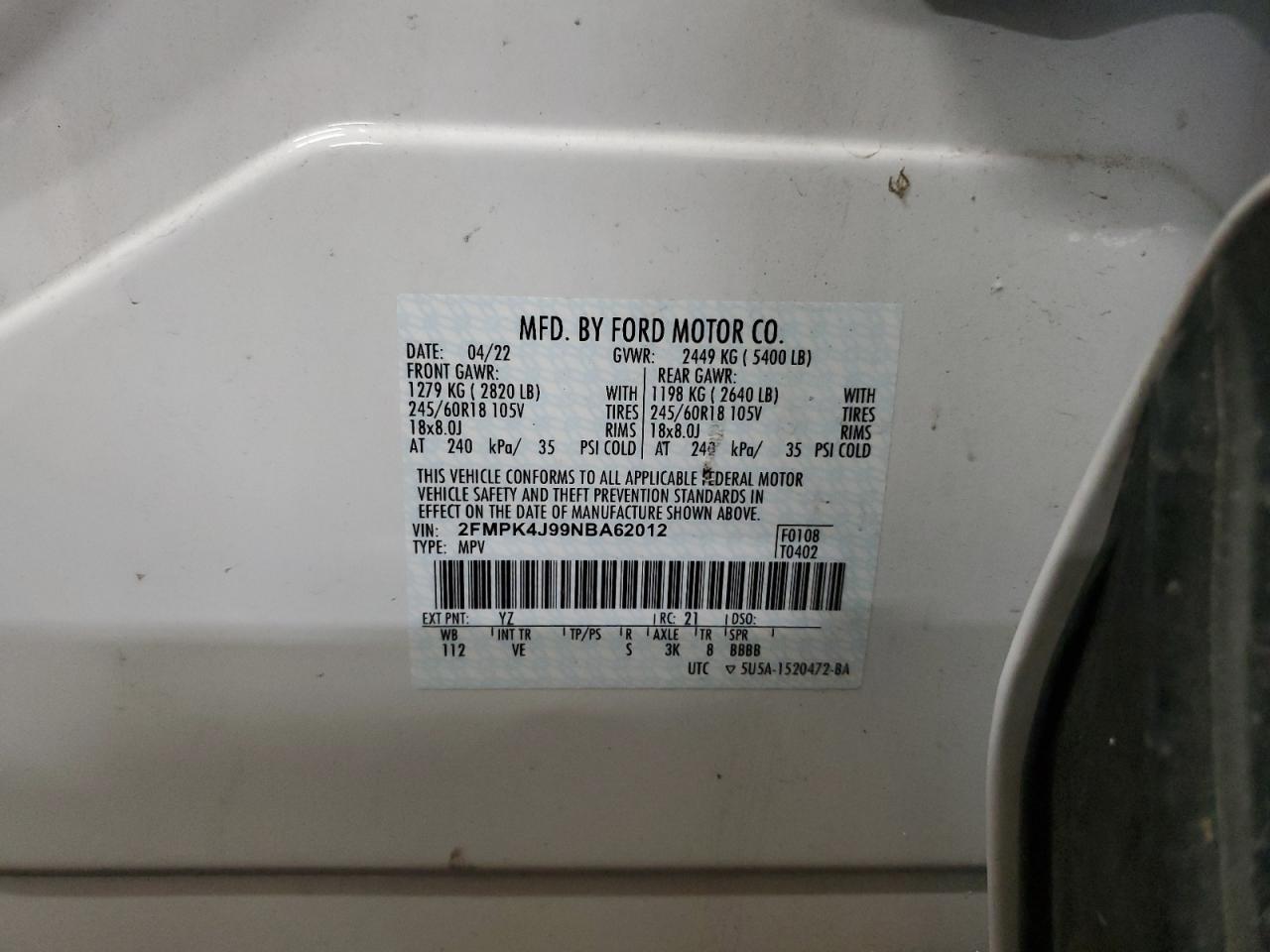 2022 Ford Edge VIN 2FMPK4J99NBA62012 Copart auction photo, front end damage thumbnail 13