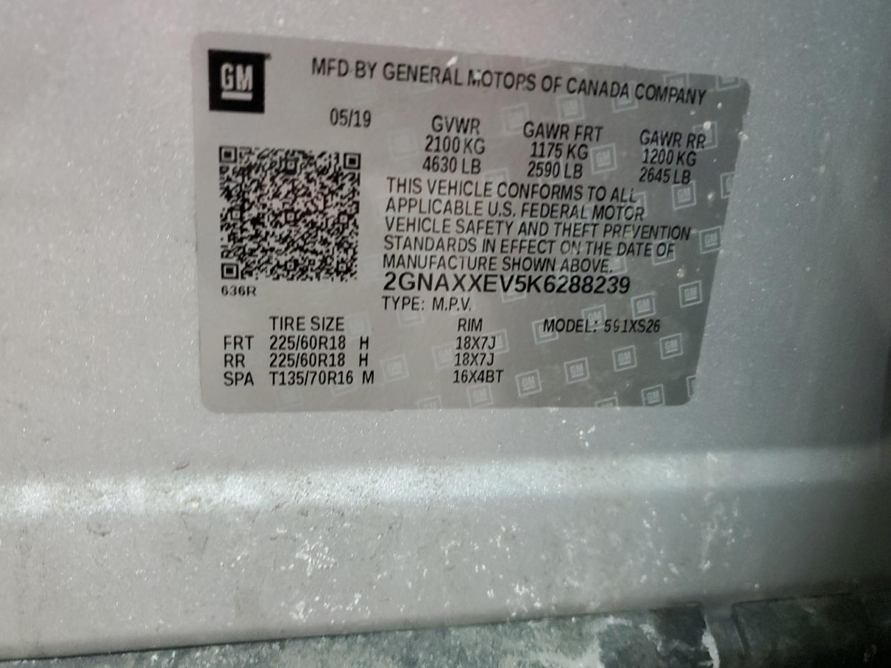 2019 Chevrolet Equinox VIN 2GNAXXEV5K6288239 Copart auction photo, front end / side damage thumbnail 15
