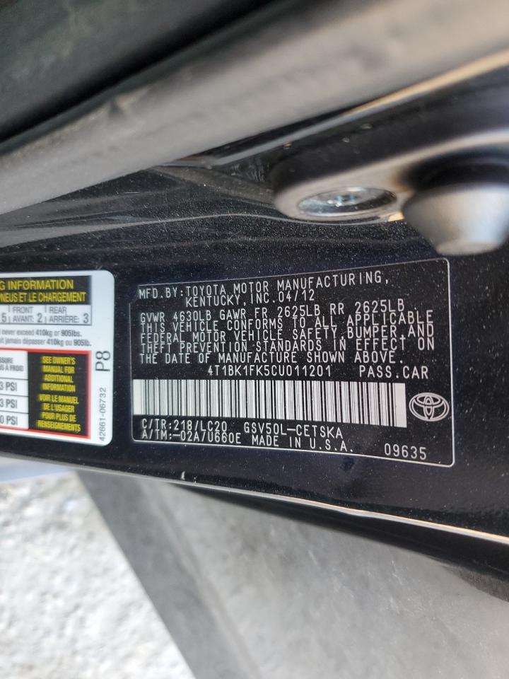 2012 Toyota Camry VIN 4T1BK1FK5CU011201 Copart auction photo, front end / side damage thumbnail 15