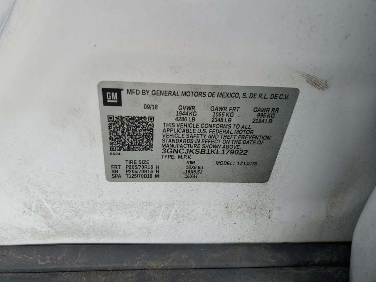 2019 Chevrolet Trax VIN 3GNCJKSB1KL179022 Copart auction photo, front end damage thumbnail 15