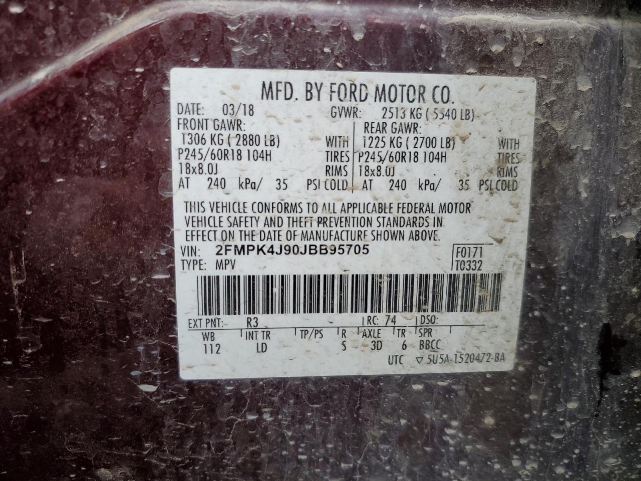 2018 Ford Edge VIN 2FMPK4J90JBB95705 Copart auction photo, front end damage thumbnail 15