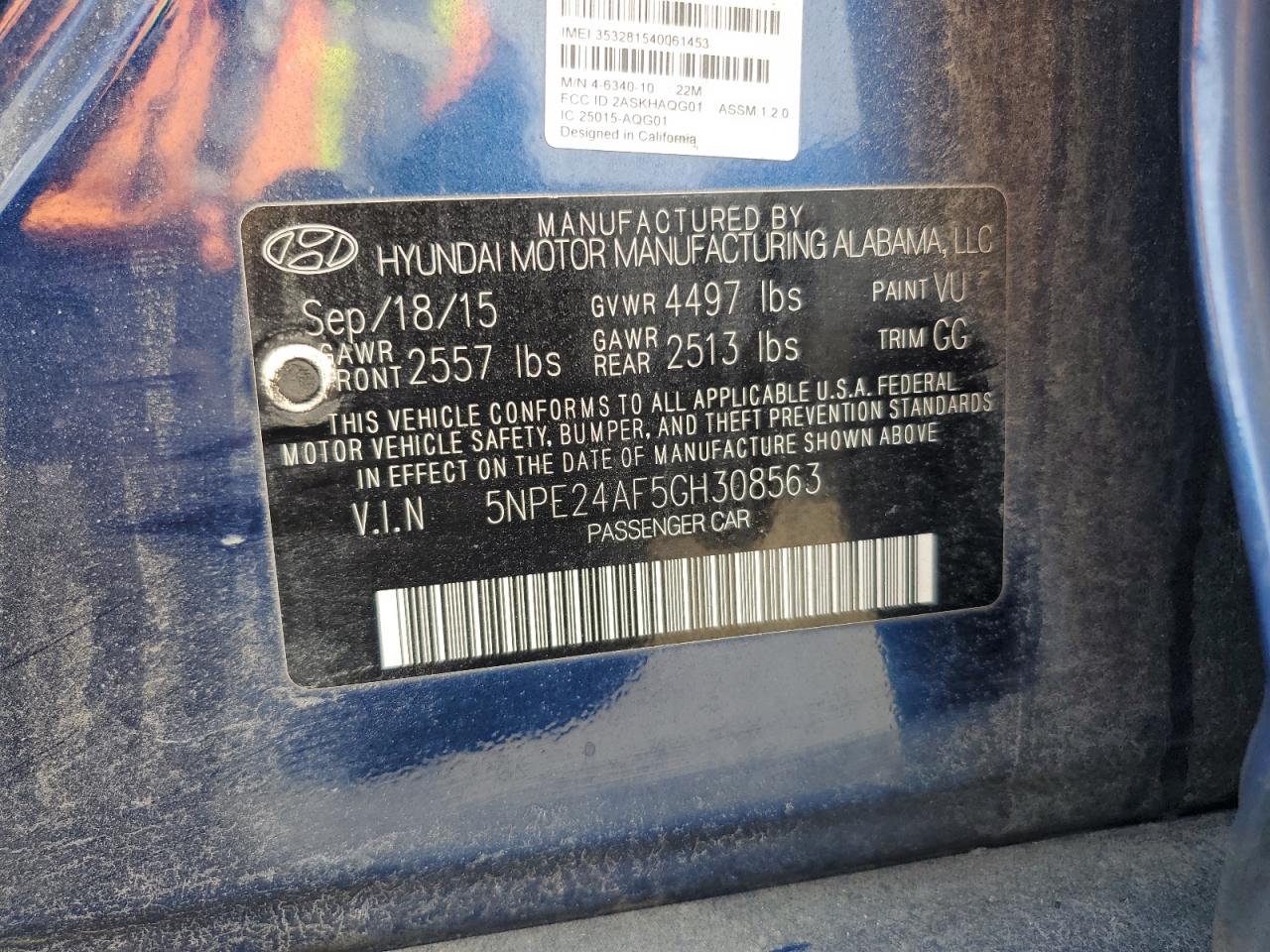 2016 Hyundai Sonata VIN 5NPE24AF5GH308563 Copart auction photo, all over damage thumbnail 12