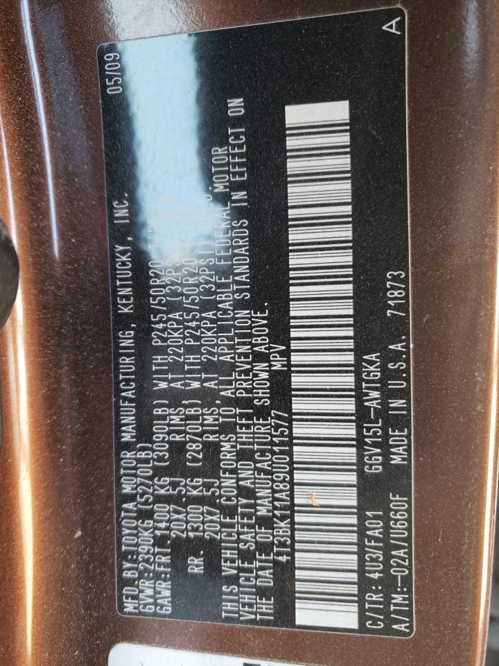 2009 Toyota Venza VIN 4T3BK11A89U011577 Copart auction photo, front end / side damage thumbnail 12