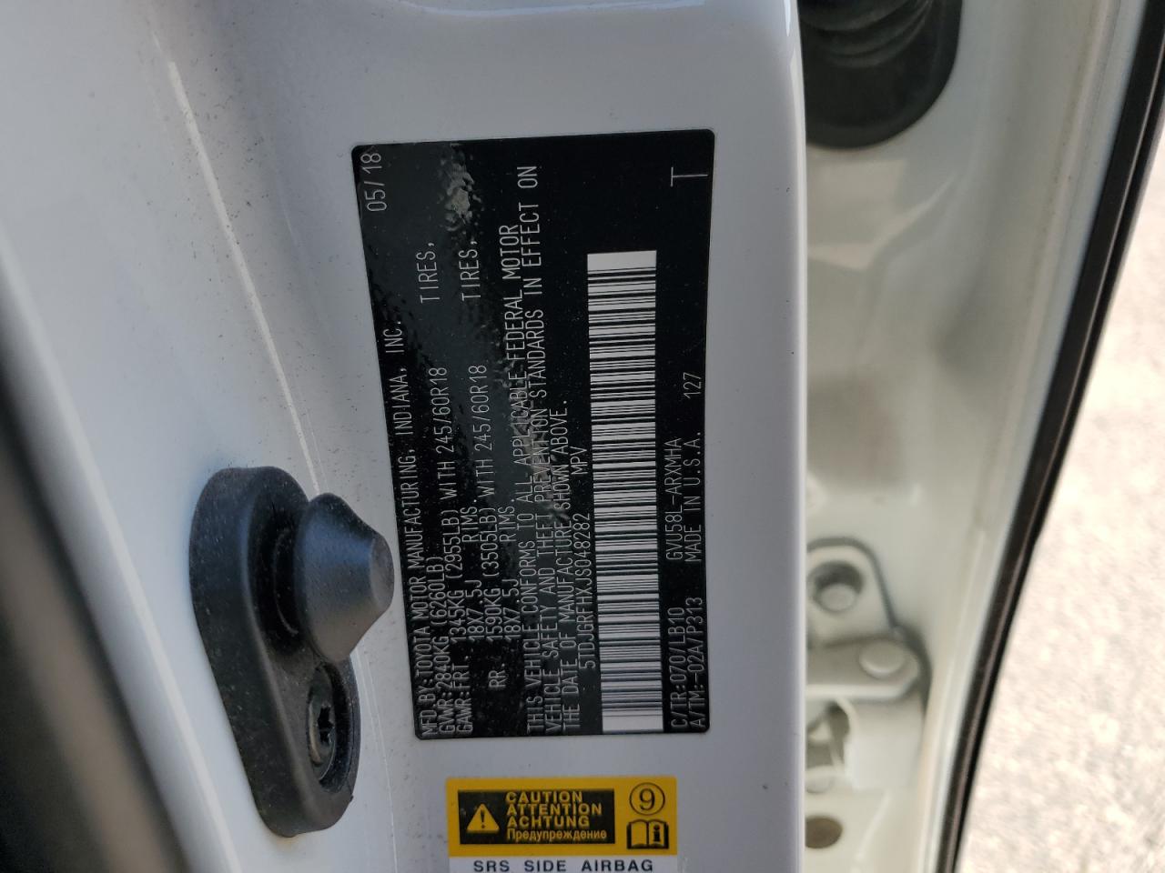 2018 Toyota Highlander VIN 5TDJGRFHXJS048282 Copart auction photo, front end / undercarriage damage thumbnail 15