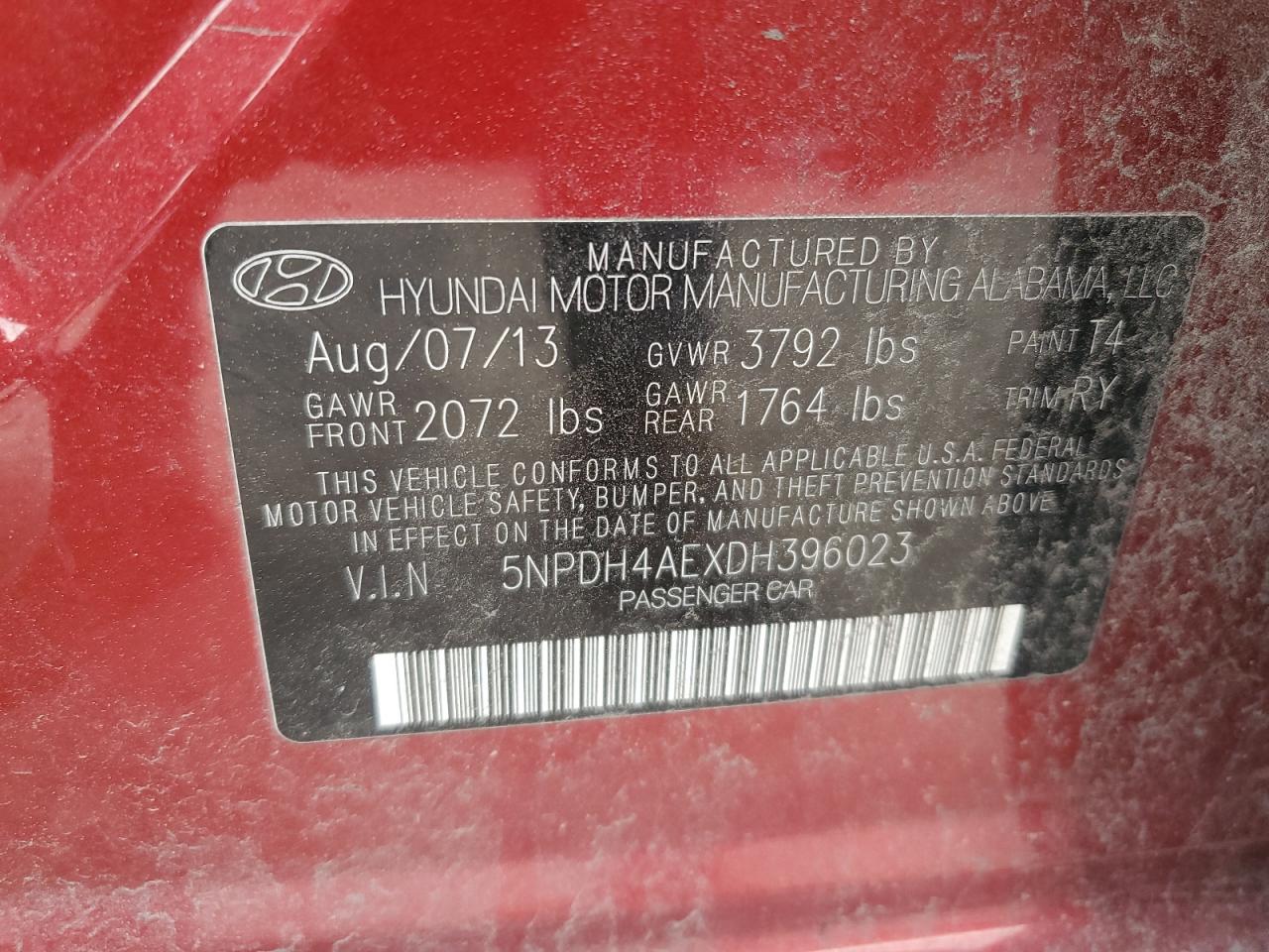2013 Hyundai Elantra VIN 5NPDH4AEXDH396023 Copart auction photo, front end damage thumbnail 15