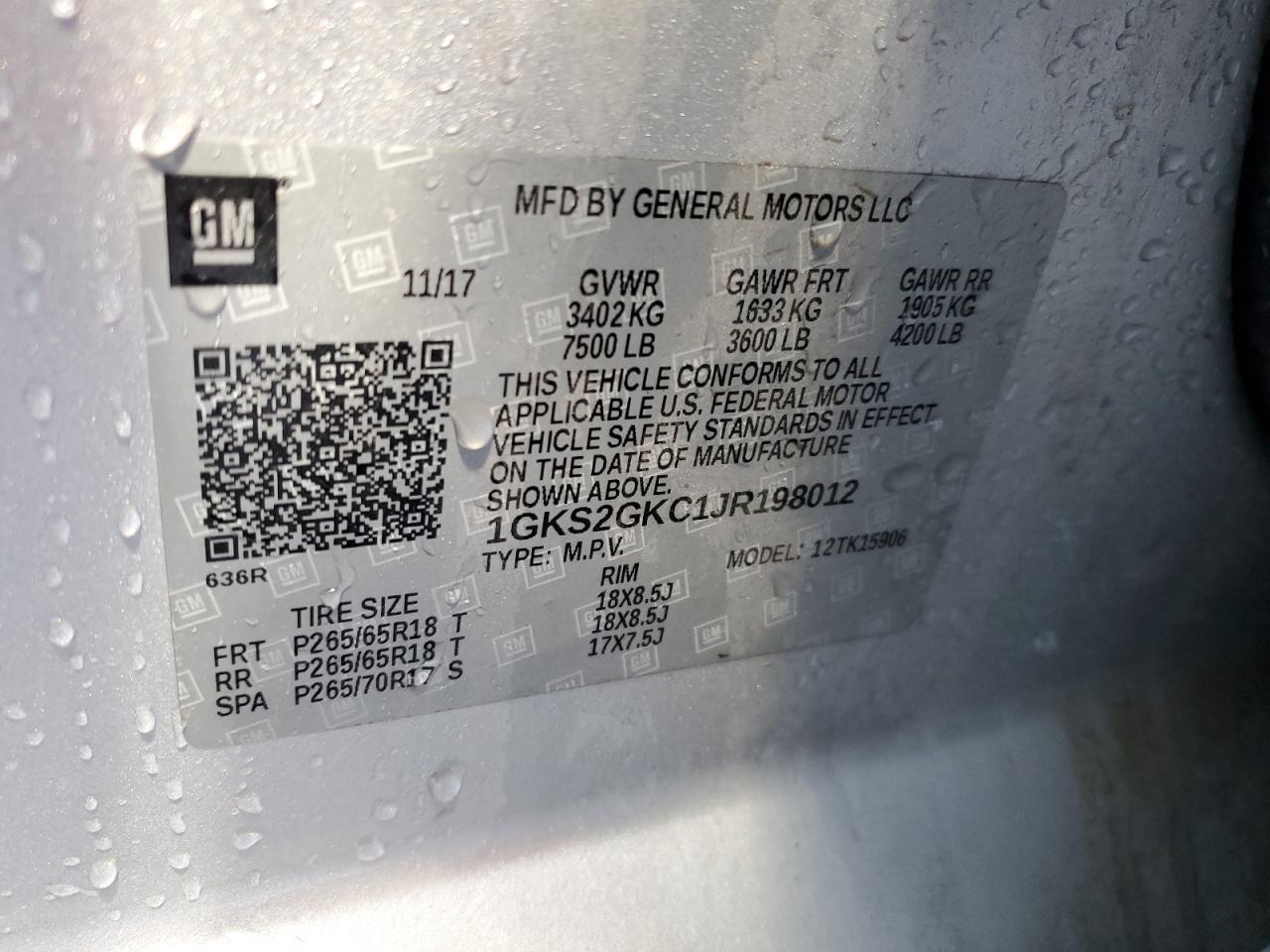 2018 GMC Yukon VIN 1GKS2GKC1JR198012 Copart auction photo, front end / side damage thumbnail 13