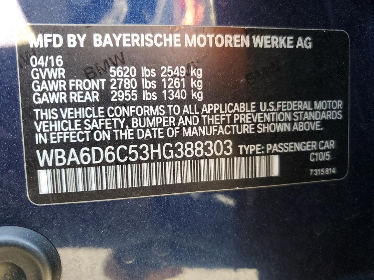 2017 BMW 6er VIN WBA6D6C53HG388303 Copart auction photo, front end / mechanical damage thumbnail 14