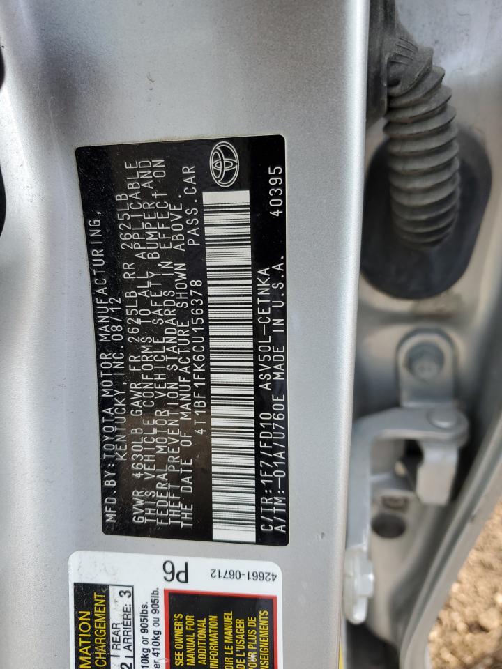 2012 Toyota Camry VIN 4T1BF1FK6CU156378 Copart auction photo, front end damage thumbnail 12