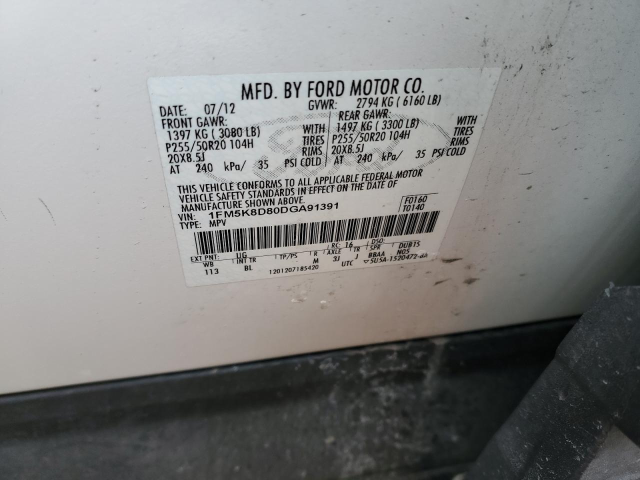2013 Ford Explorer VIN 1FM5K8D80DGA91391 Copart auction photo, side damage thumbnail 14