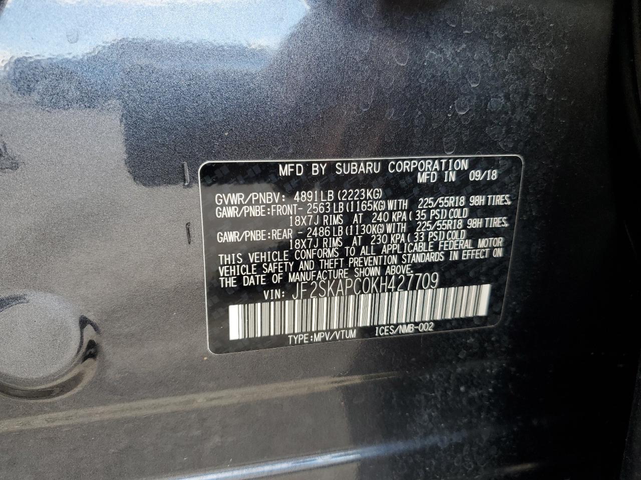 2019 Subaru Forester VIN JF2SKAPC0KH427709 Copart auction photo, side damage thumbnail 15