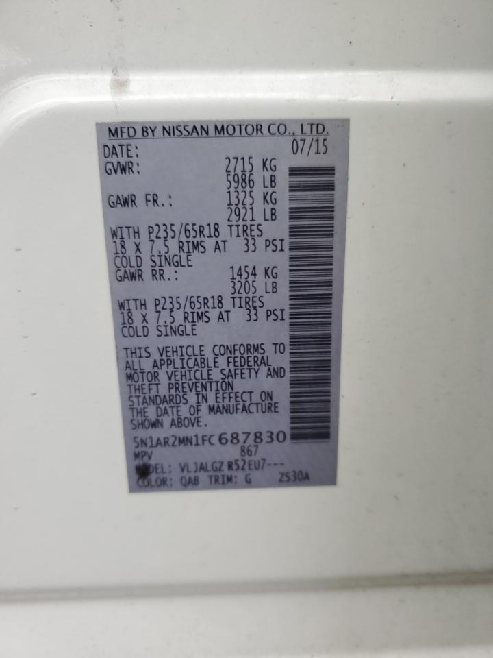 2015 Nissan Pathfinder VIN 5N1AR2MN1FC687830 Copart auction photo, front end damage thumbnail 14