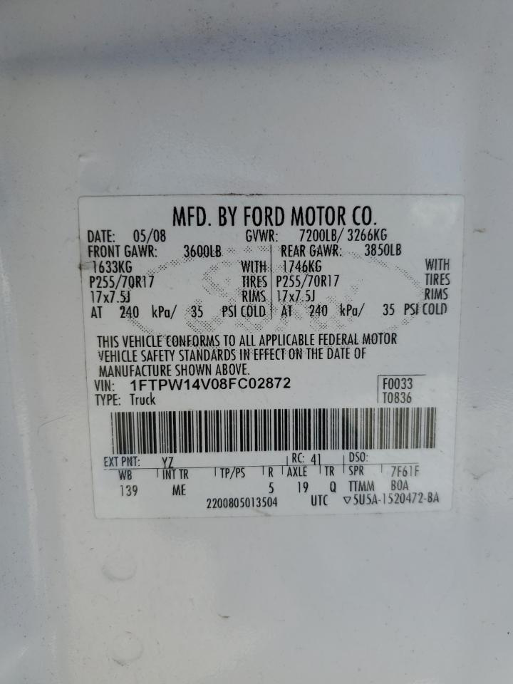 2008 Ford F-150 VIN 1FTPW14V08FC02872 Copart auction photo, front end / side damage thumbnail 14
