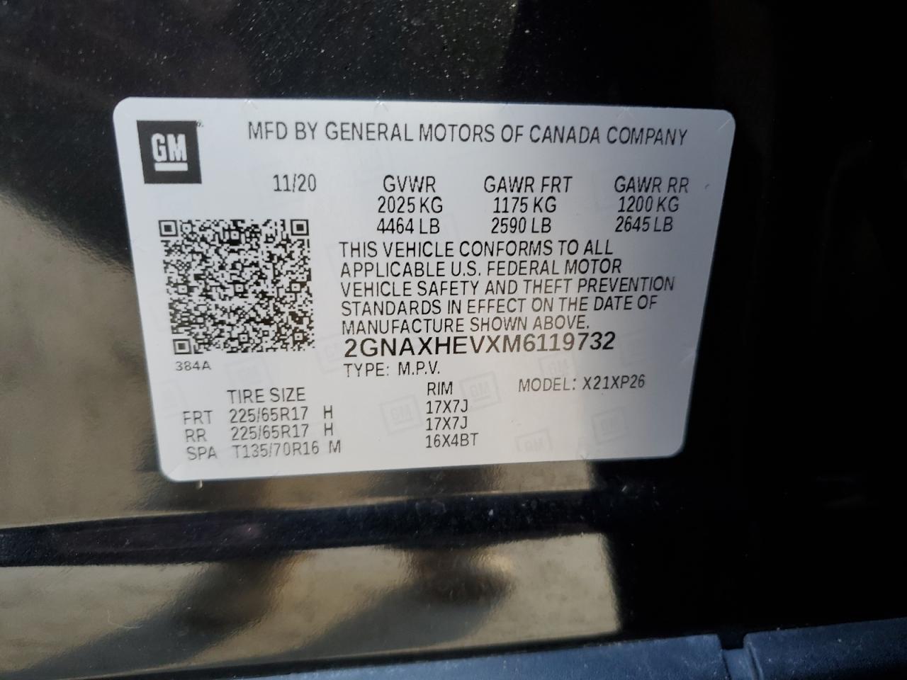 2021 Chevrolet Equinox VIN 2GNAXHEVXM6119732 Copart auction photo, front end damage thumbnail 13