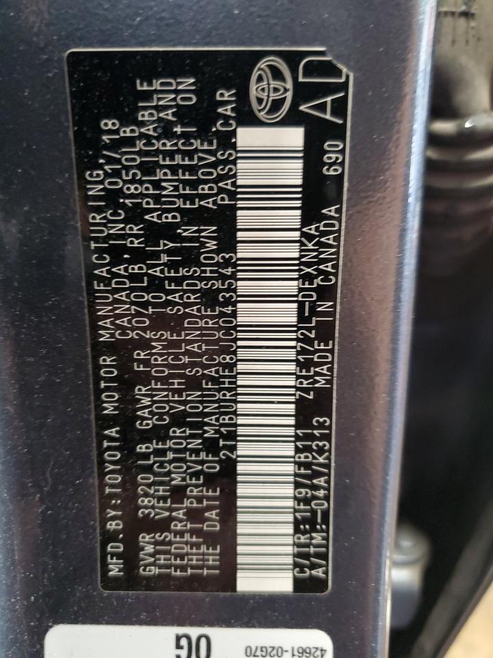 2018 Toyota Corolla VIN 2T1BURHE8JC043543 Copart auction photo, front end / rear end damage thumbnail 13
