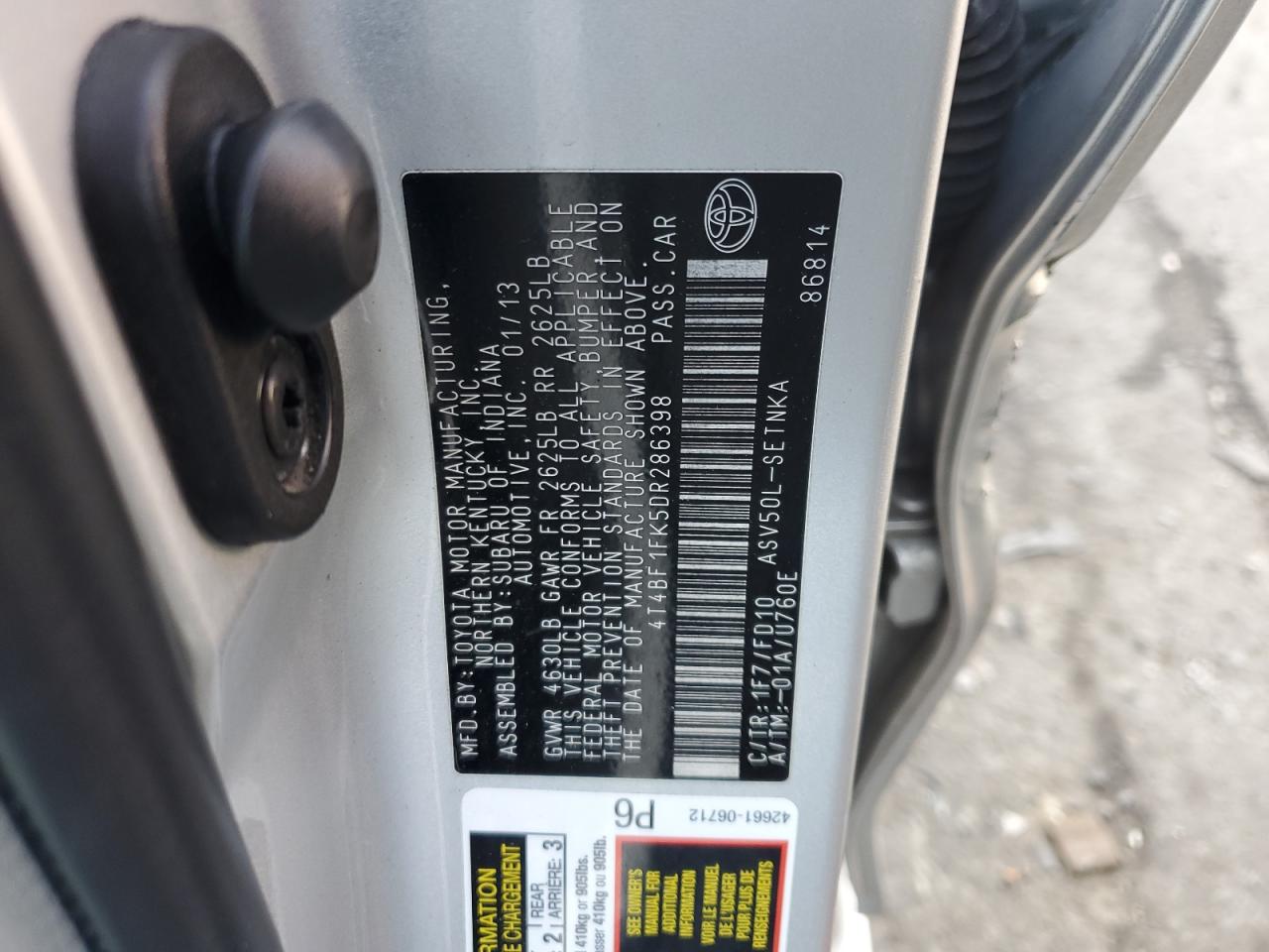 2013 Toyota Camry VIN 4T4BF1FK5DR286398 Copart auction photo, side damage thumbnail 12