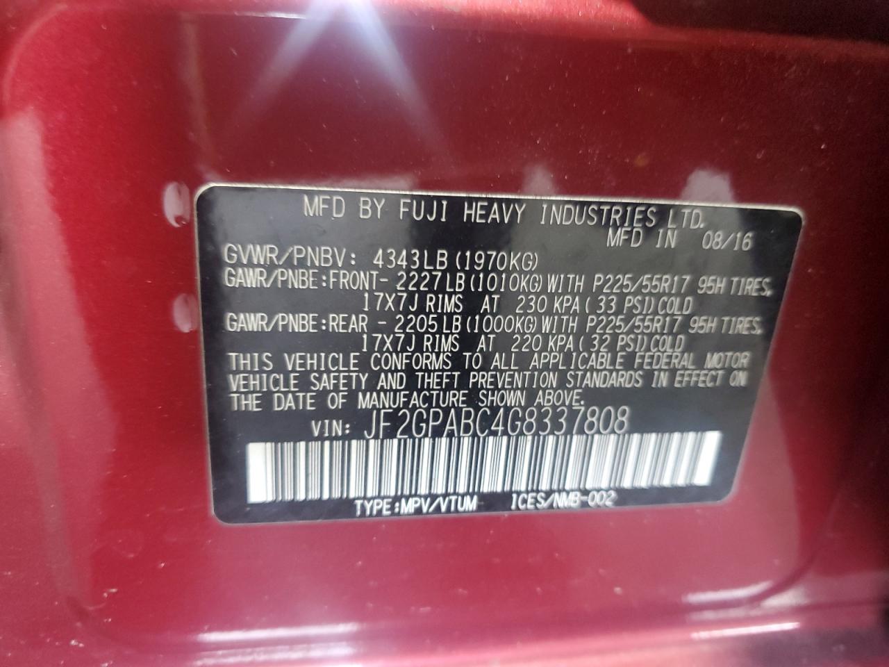 2016 Subaru XV VIN JF2GPABC4G8337808 Copart auction photo, front end damage thumbnail 15