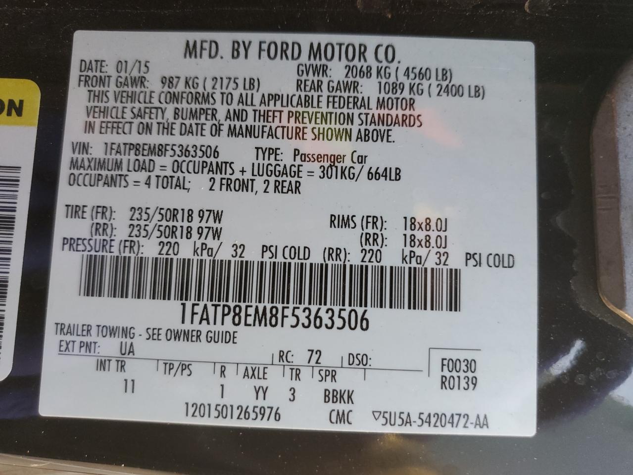 2015 Ford Mustang VIN 1FATP8EM8F5363506 Copart auction photo, side damage thumbnail 12