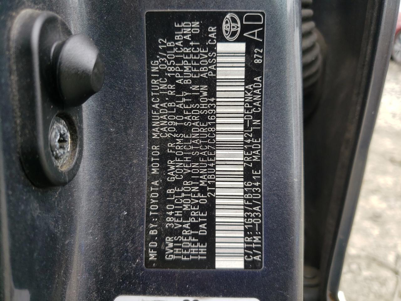 2012 Toyota Corolla VIN 2T1BU4EE7CC816934 Copart auction photo, mechanical / side damage thumbnail 12