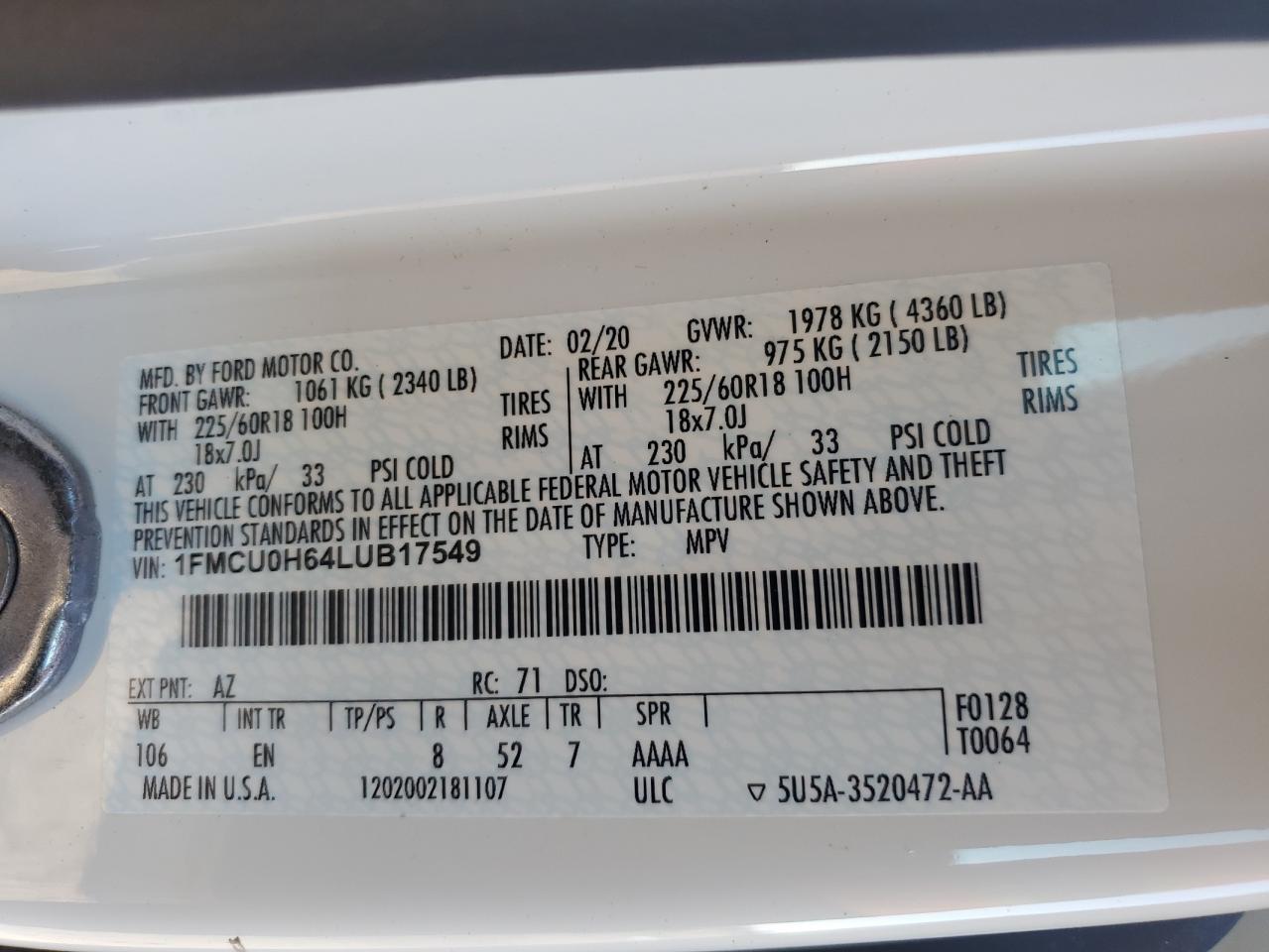 2020 Ford Escape VIN 1FMCU0H64LUB17549 Copart auction photo, undercarriage damage thumbnail 13
