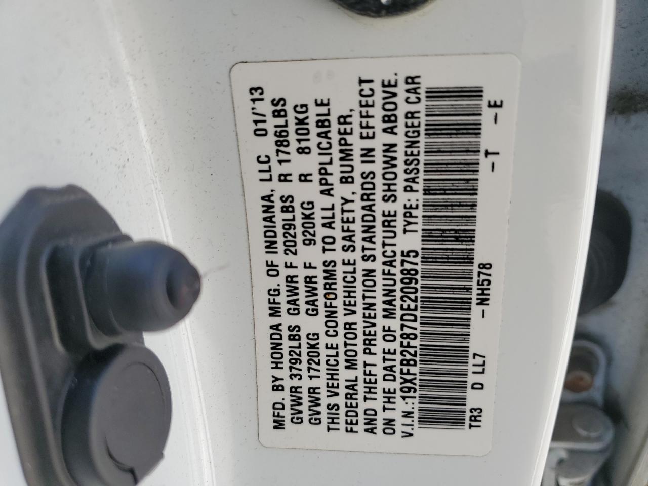 2013 Honda Civic VIN 19XFB2F87DE209875 Copart auction photo, front end damage thumbnail 12