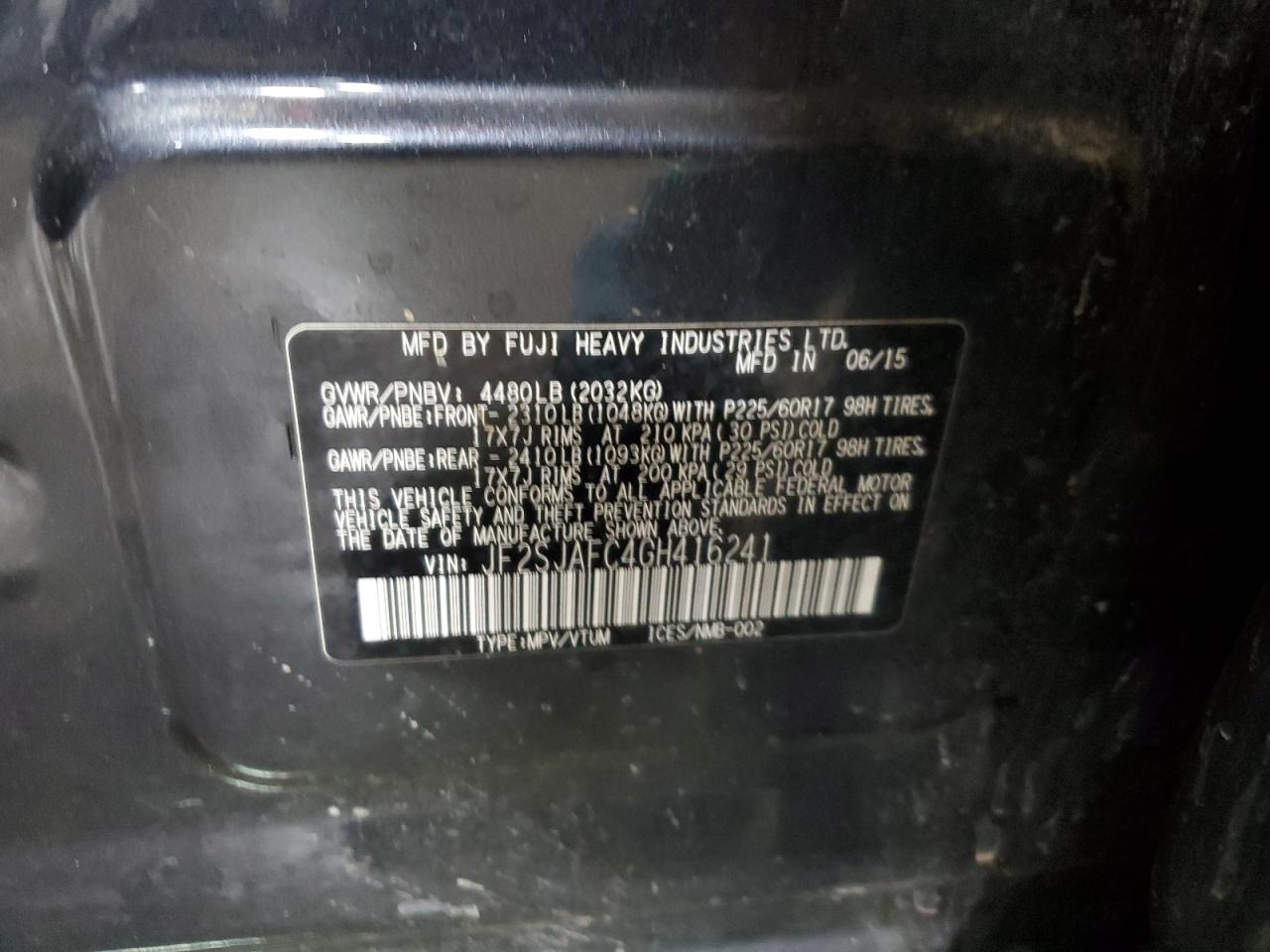 2016 Subaru Forester VIN JF2SJAFC4GH416241 Copart auction photo, front end damage thumbnail 15