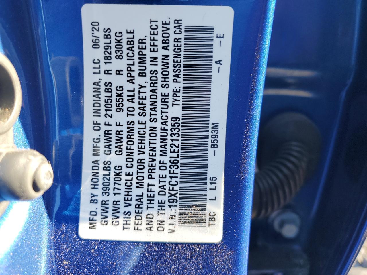2020 Honda Civic VIN 19XFC1F36LE213359 Copart auction photo, front end damage thumbnail 14