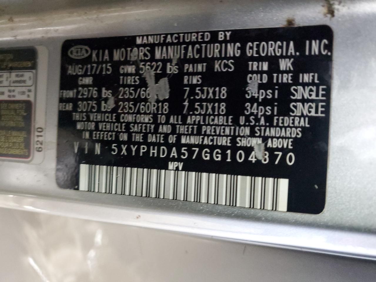2016 KIA Sorento VIN 5XYPHDA57GG104370 Copart auction photo, minor dent/scratches / mechanical damage thumbnail 13