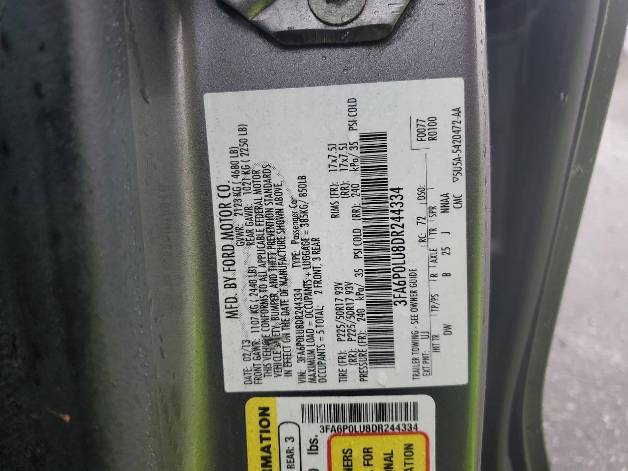 2013 Ford Fusion VIN 3FA6P0LU8DR244334 Copart auction photo, side / front end damage thumbnail 14