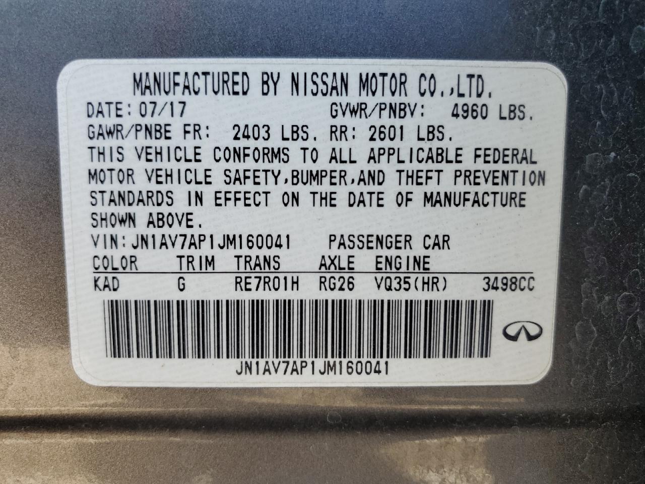2018 Infiniti Q50 VIN JN1AV7AP1JM160041 Copart auction photo, rear end / all over damage thumbnail 12