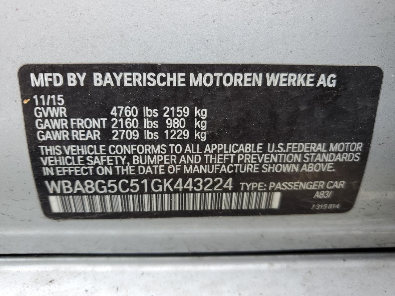2016 BMW 3er VIN WBA8G5C51GK443224 Copart auction photo, rear end damage thumbnail 12