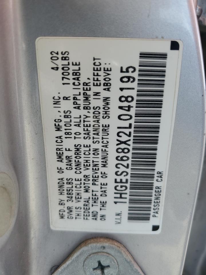 2002 Honda Civic VIN 1HGES268X2L048195 Copart auction photo, side / front end damage thumbnail 12