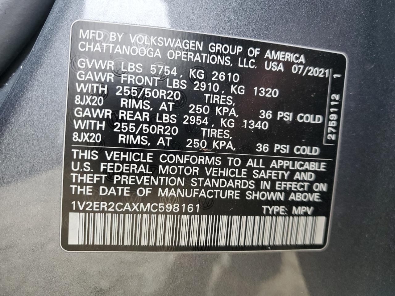 2021 Volkswagen Atlas VIN 1V2ER2CAXMC598161 Copart auction photo, front end / side damage thumbnail 12