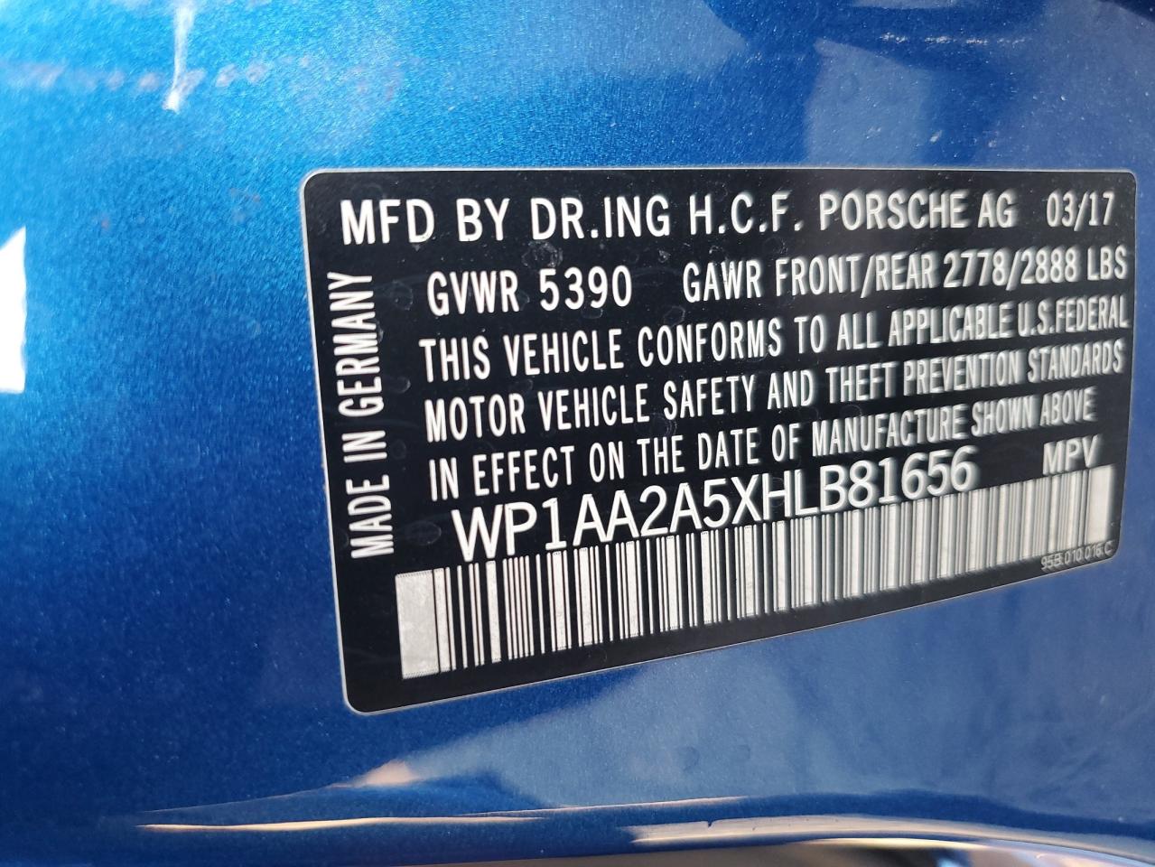2017 Porsche Macan VIN WP1AA2A5XHLB81656 Copart auction photo, side damage thumbnail 15