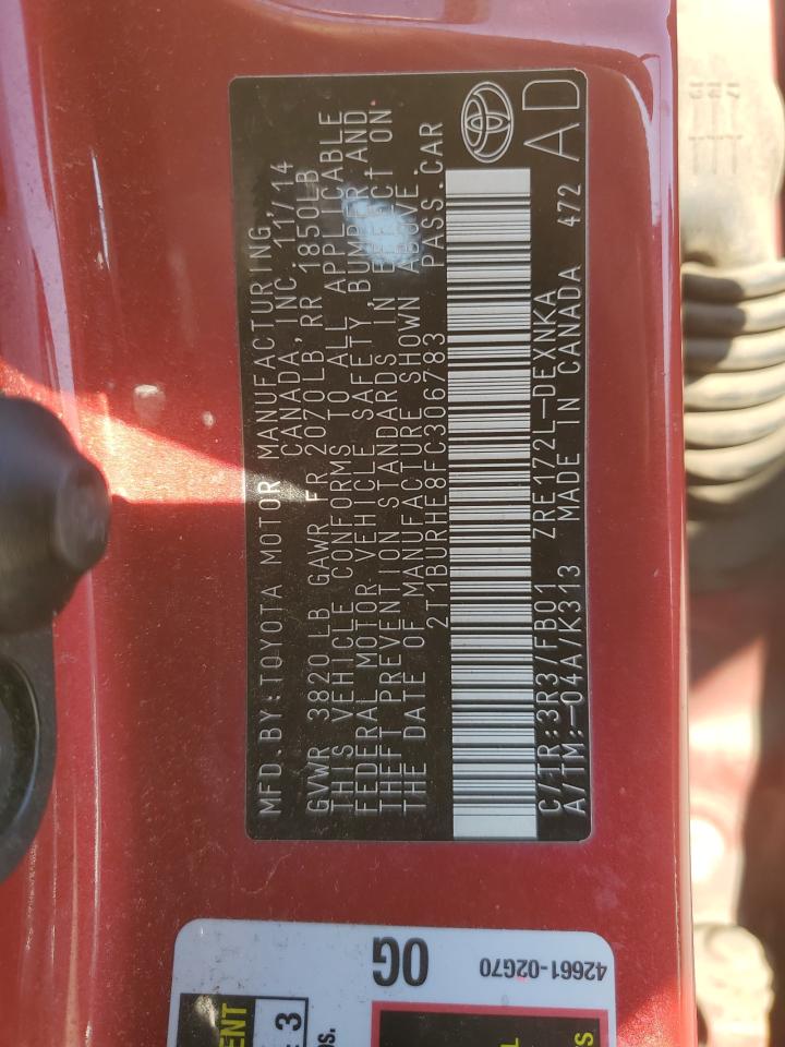 2015 Toyota Corolla VIN 2T1BURHE8FC306783 Copart auction photo, rear end damage thumbnail 14