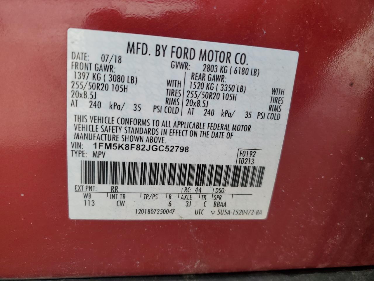 2018 Ford Explorer VIN 1FM5K8F82JGC52798 Copart auction photo, side / rear end damage thumbnail 13