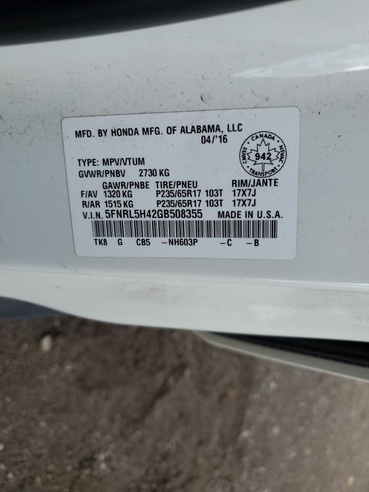 2016 Honda Odyssey VIN 5FNRL5H42GB508355 Copart auction photo, front end / side damage thumbnail 13