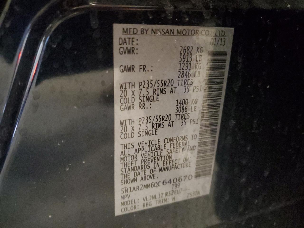2013 Nissan Pathfinder VIN 5N1AR2MM6DC640670 Copart auction photo, front end damage thumbnail 13
