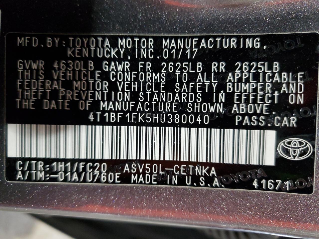 2017 Toyota Camry VIN 4T1BF1FK5HU380040 Copart auction photo, side damage thumbnail 12